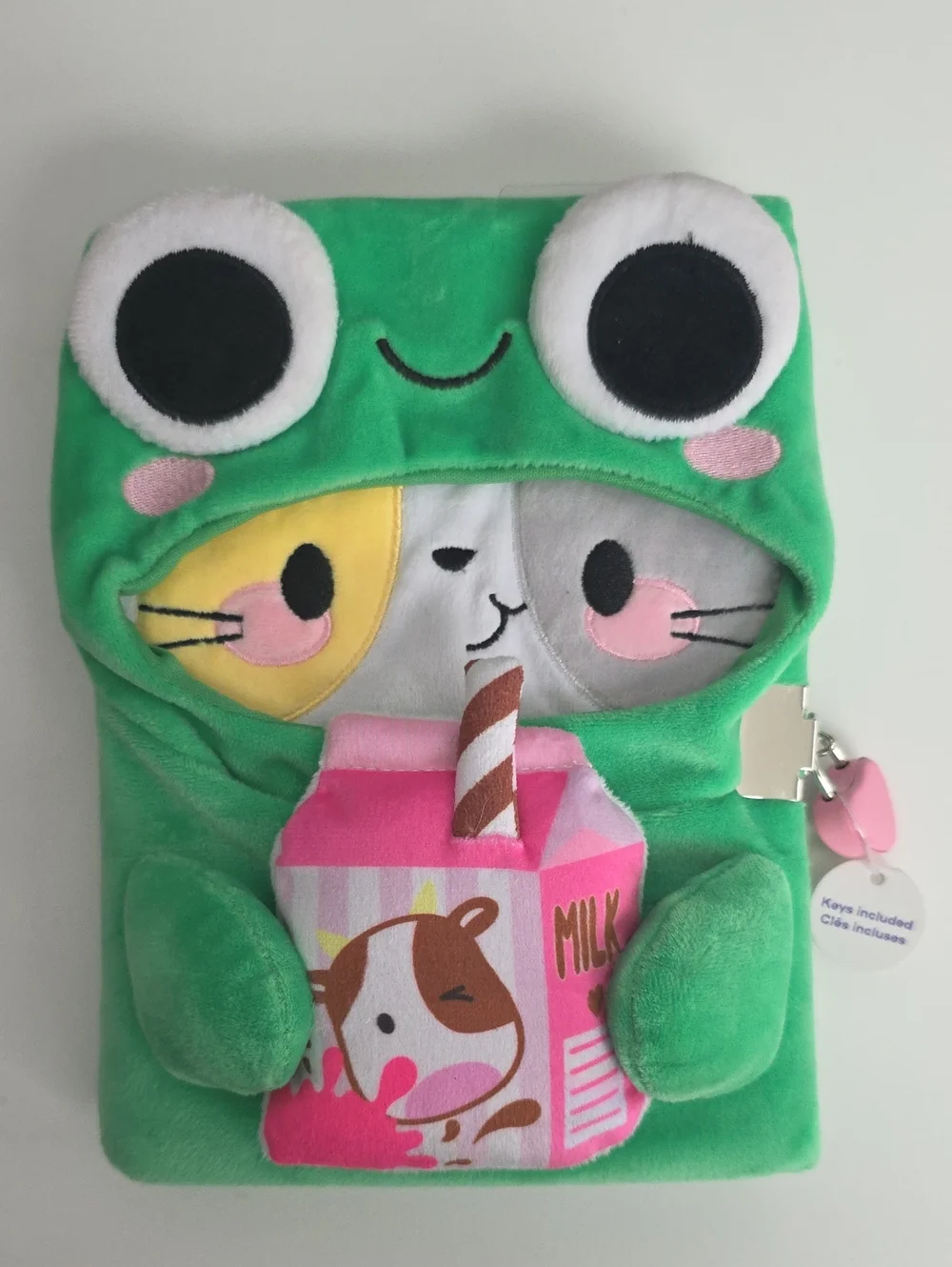 Diary With Lock - Plush Green Frog Kitten with Strawberry Milk Noteboom